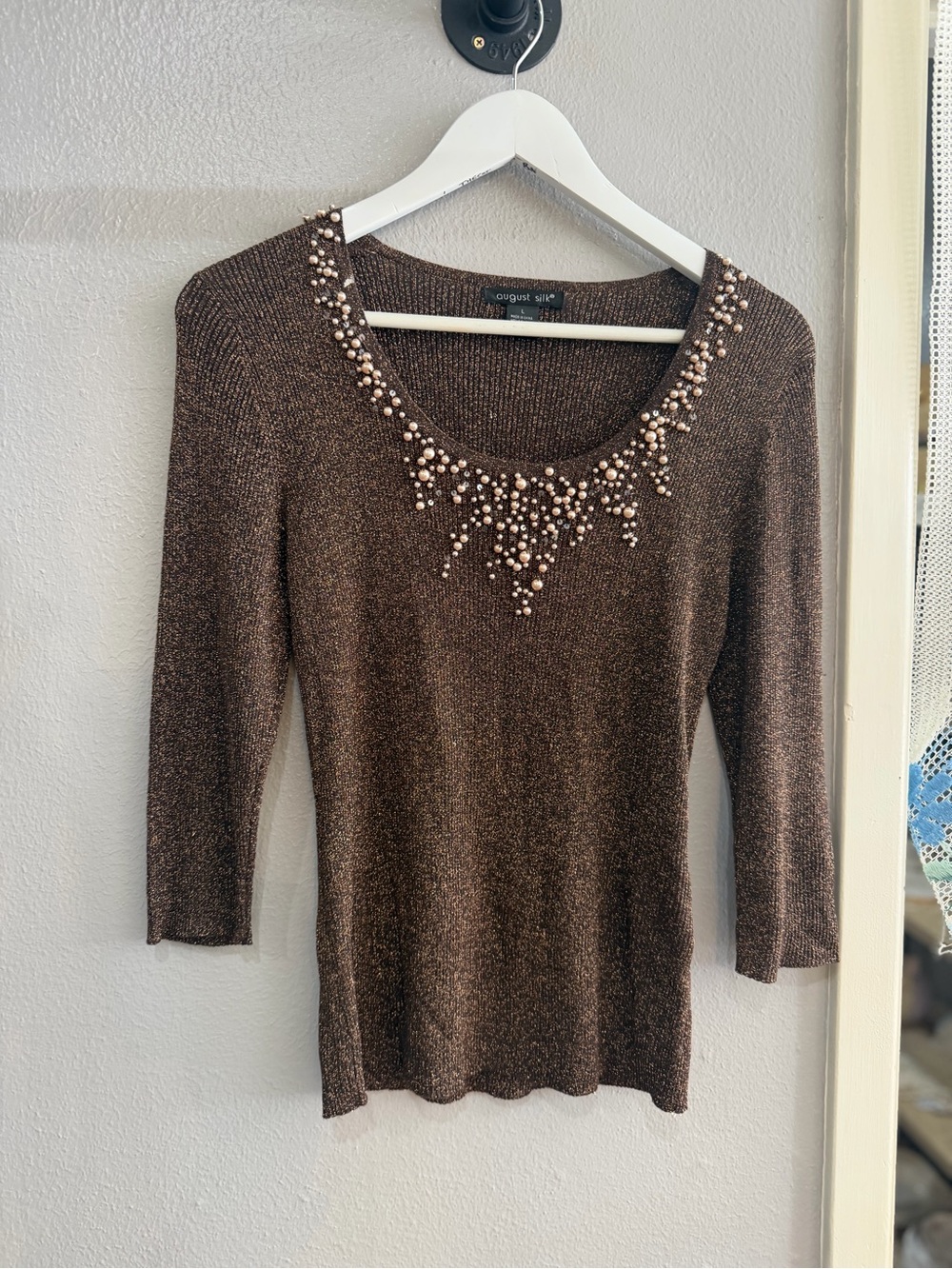 august silk Brown Metallic Scoop Neck Top with Pearl Beading